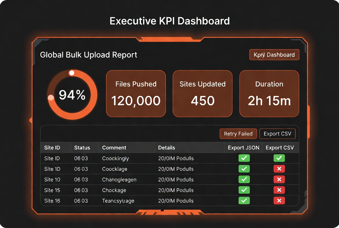 Global Bulk Upload Report executive KPI dashboard modal with 94% success, per-site table and export options