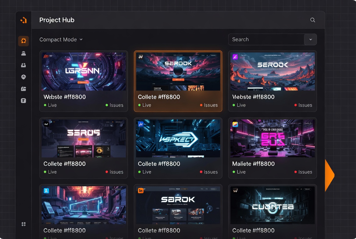 Immersive compact thumbnail grid view of multiple sites with live status indicators