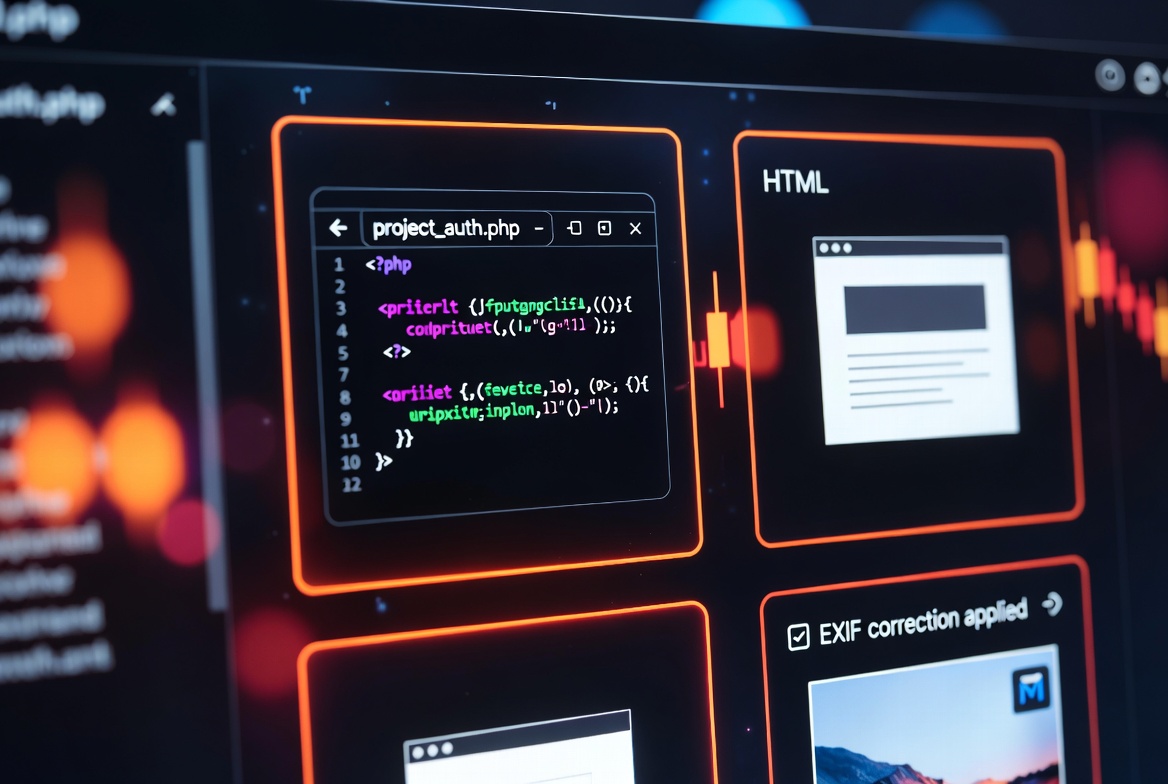 Close-up of rich file preview cards showing syntax highlighted PHP, HTML browser frame and image with EXIF correction
