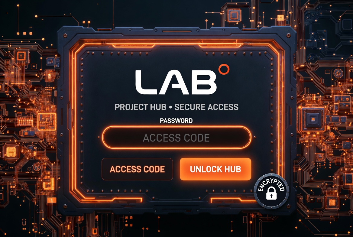 High-tech secure login screen with riveted frame, glowing orange circuit lines, 16 artist motif swatches and encrypted badge