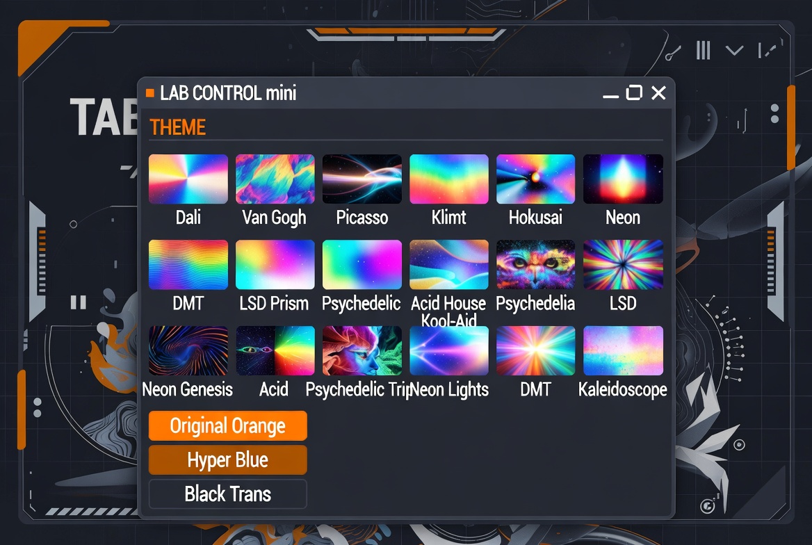 LAB CONTROL draggable theme panel showing 16 artist themes including Dali, Van Gogh, Picasso, Klimt, Hokusai, Neon, DMT and LSD variants